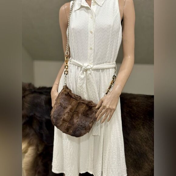 Natural Brown Handmade Real Mink Fur Half Moon Shoulder Bag/Crossbody - Picture 9 of 16